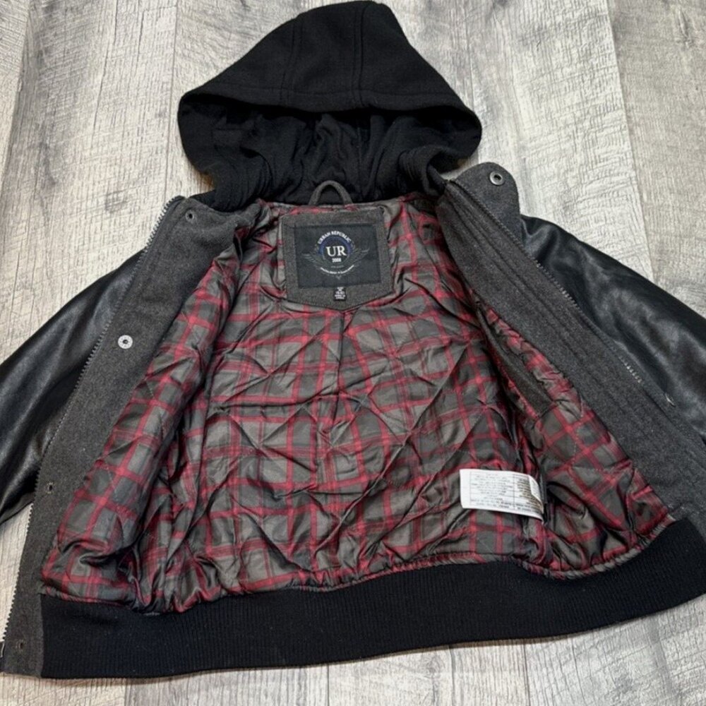 Urban Republic Wool Faux Leather Hooded Jacket Boys Medium 5-6 Black Biker - Picture 2 of 13